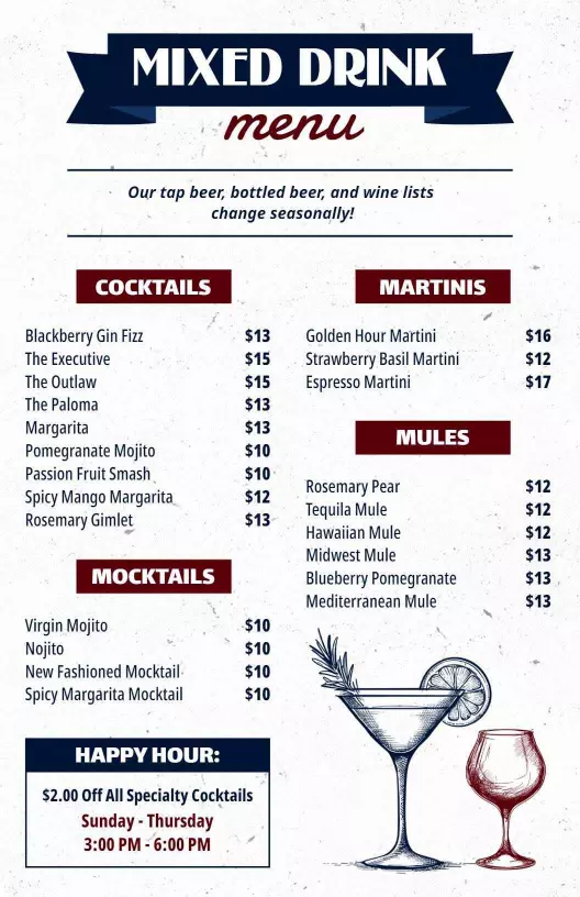 seasonal mixed drink and cocktail menu