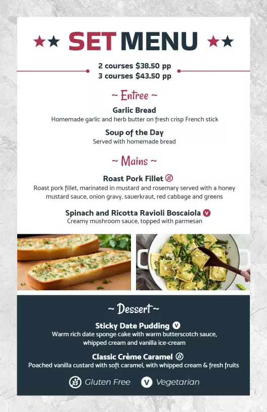 two and three course prix fixe menu