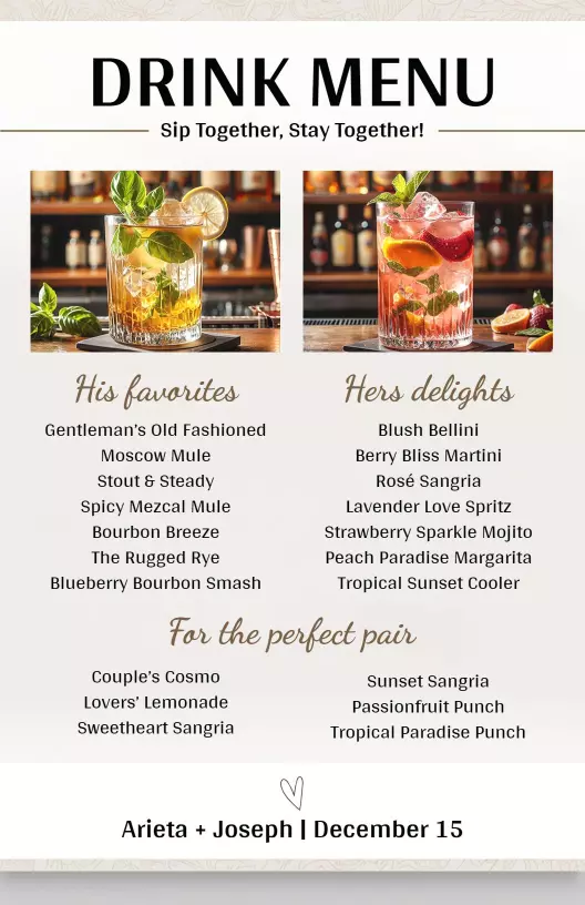 wedding his and hers delightful drink selection menu